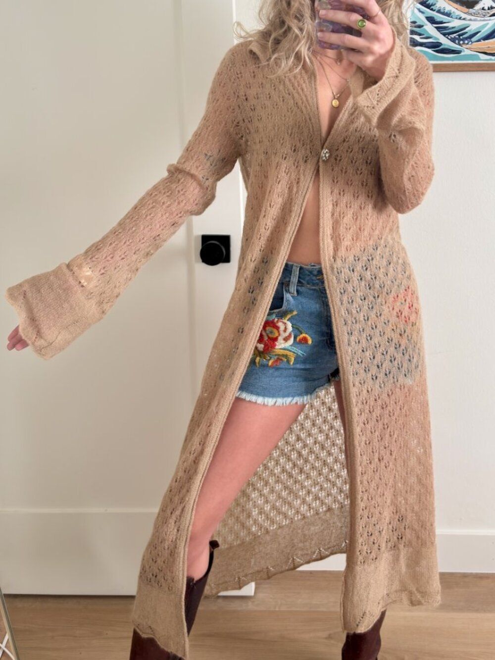 Women's Cream and Tan Cardigan